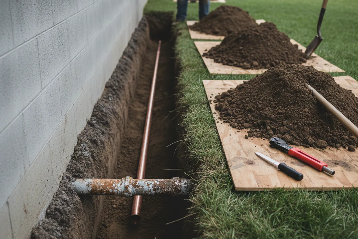 Excavated water line trench during Sewer Line Repair in Irvington
